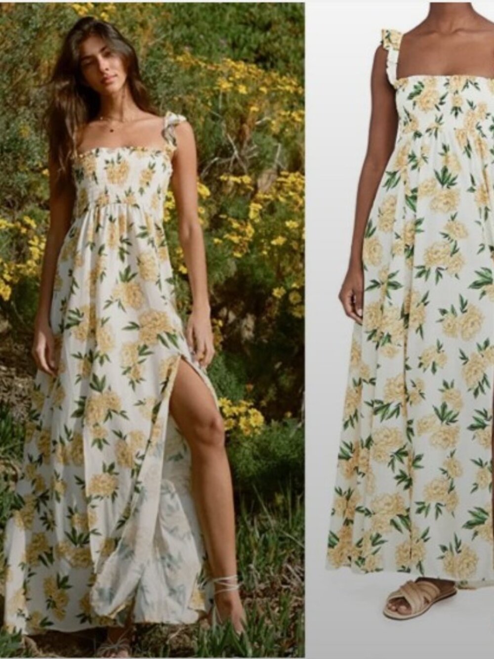 Agua Bendita Leandra Maxi Floral Dress Art Deco Boho Bohemian Yellow Medium